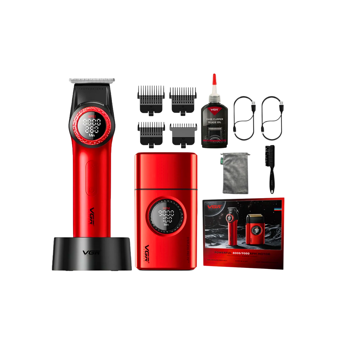 Combo Barber VGR Clipper V001 + Trimmer V977+ Shaver V377 Rojo