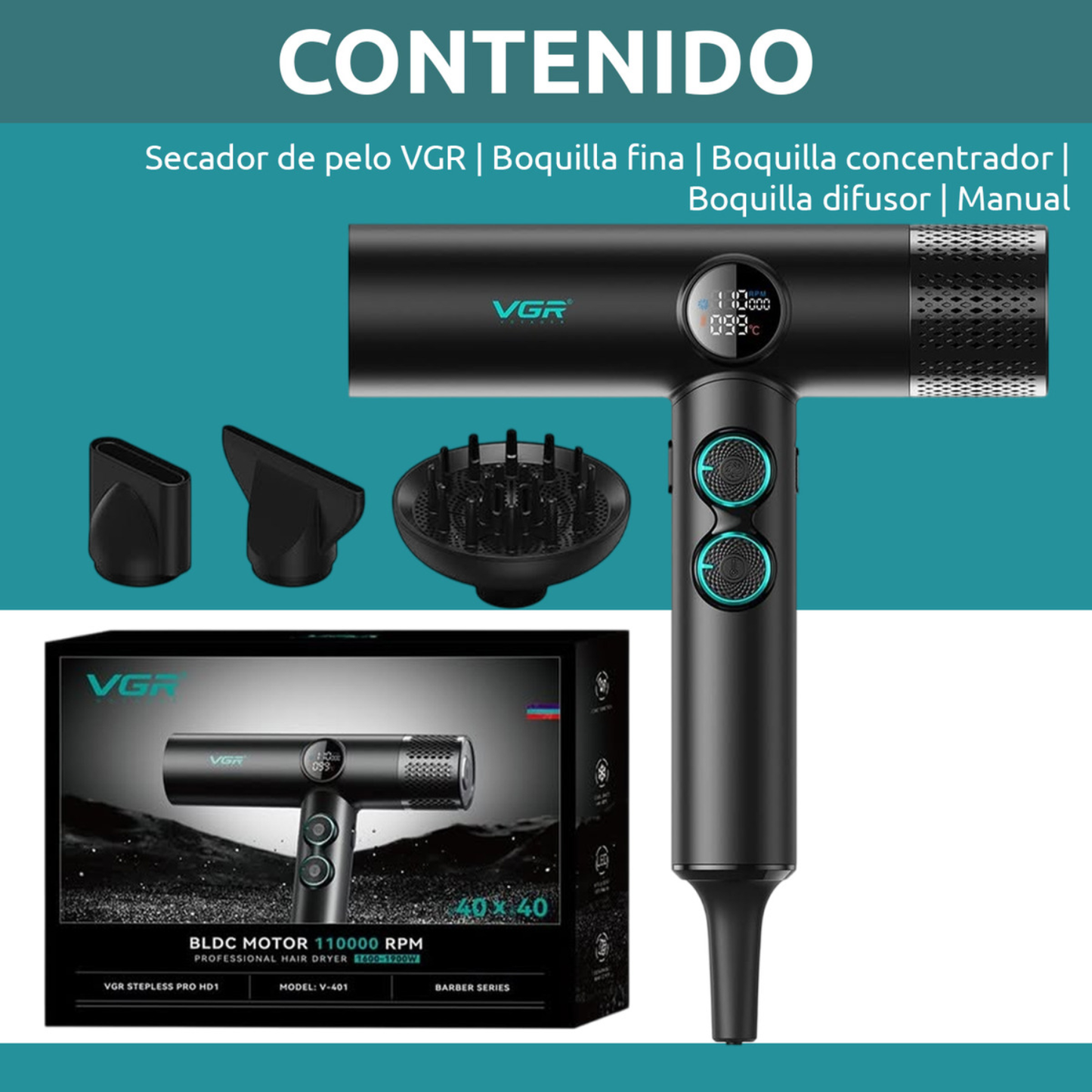 Secador De Pelo Profesional Vgr V-401 110000rpm Frío Calor