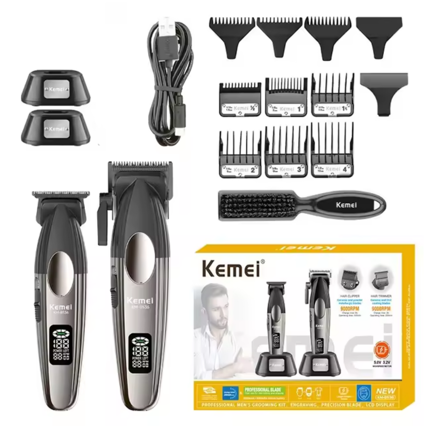 Combo Kemei Cortadora y Patillera con Base 9000 RPM