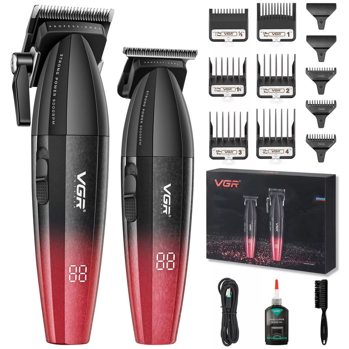 Combo VGR Profesional V640 Clipper y Trimmer 9000RPM Rojo