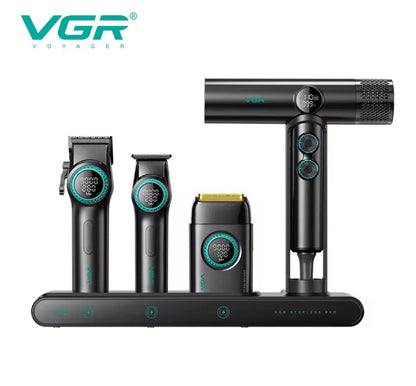 Combo Kit Vgr Professional Clipper Trimmer Shaver y Secador 4 en 1 Maleta Negro