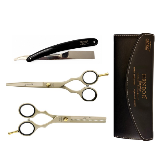 Set Tijeras Henbor Corte y Pulir Blanco con Porta Navaja Negro
