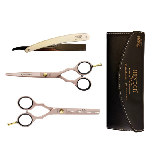Set Tijeras Henbor Corte y Pulir Cobre Blanco con Porta Navaja Blanca