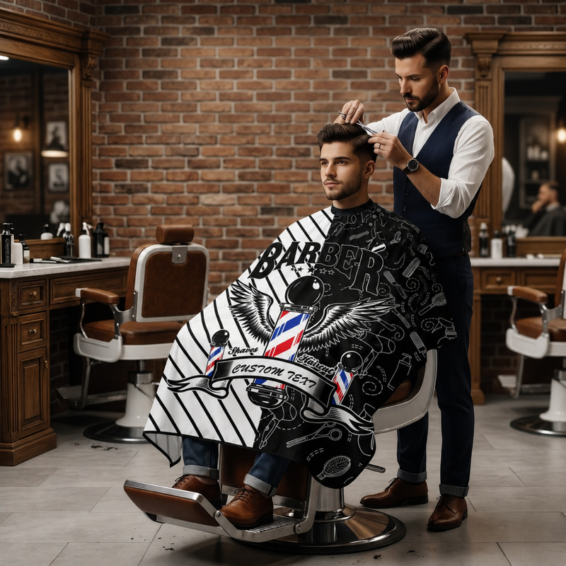 Capa Para Barberia Cuello De Goma Barbershop Blanco Negro