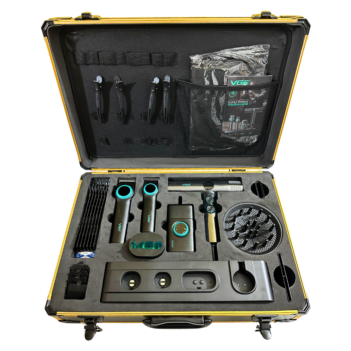 Combo Kit Vgr Professional Clipper Trimmer Shaver y Secador 4 en 1 Maleta Negro
