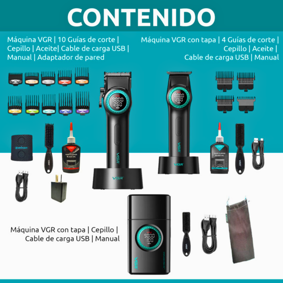 Combo Barber VGR Clipper V001 + Trimmer V977+ Shaver V377 Negro