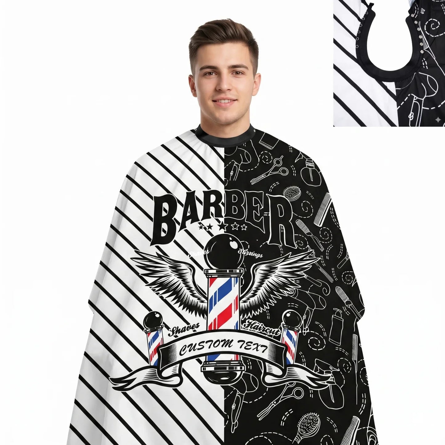 Capa Para Barberia Cuello De Goma Barbershop Blanco Negro