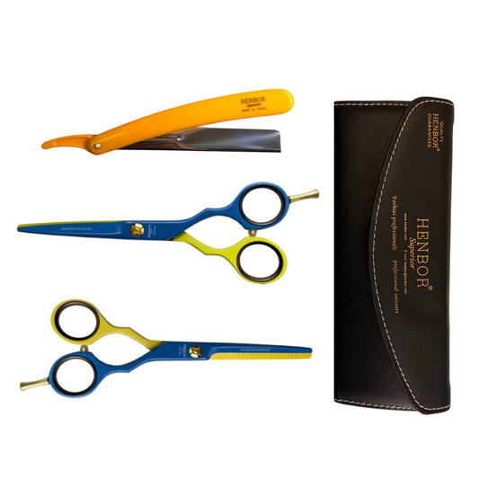 Set Tijeras Henbor Corte y Pulir Azul Verde con Porta Navaja Amarilla