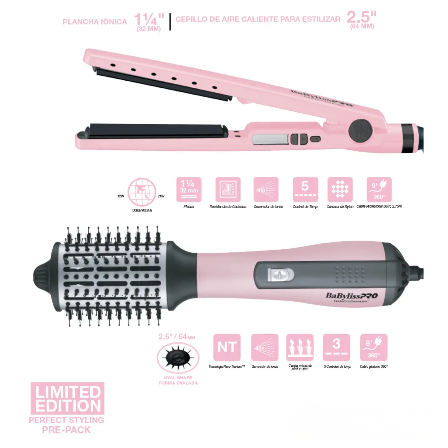 Kit BaBylissPRO Cepillo Secador y Plancha 4091 Rosa