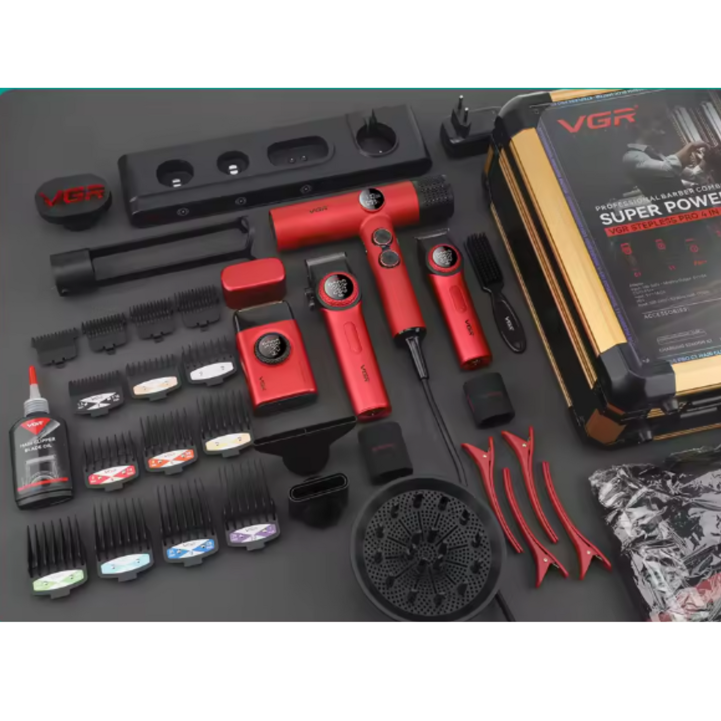 Combo Kit Vgr Professional Clipper Trimmer Shaver y Secador 4 en 1 Maleta Rojo