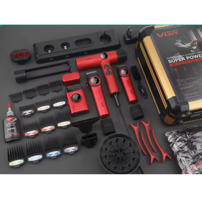Combo Kit Vgr Professional Clipper Trimmer Shaver y Secador 4 en 1 Maleta Rojo