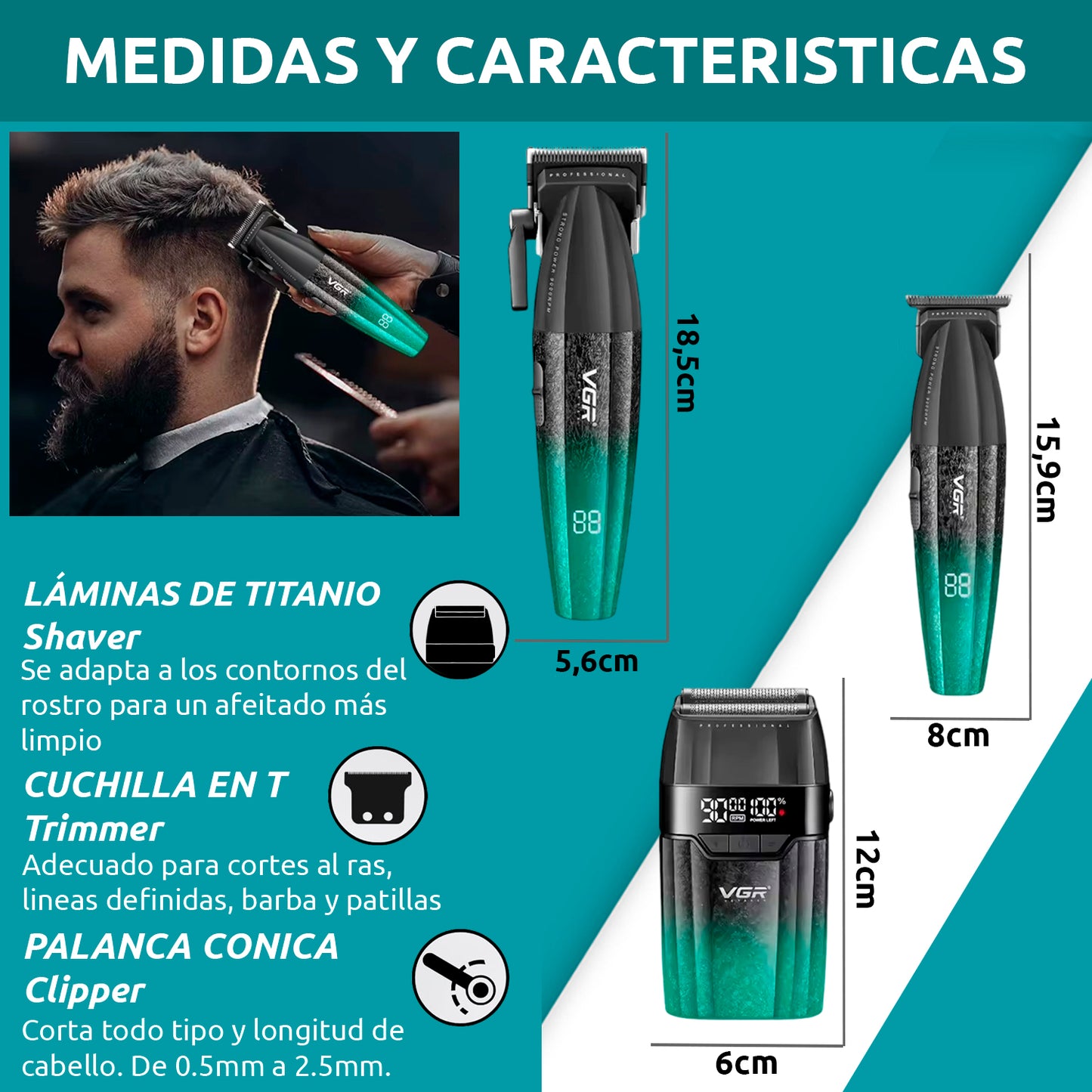 Barber Combo VGR640S3 Cortadora, Patillera y Afeitadora Verde