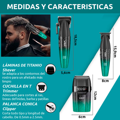 Barber Combo VGR640S3 Cortadora, Patillera y Afeitadora Verde