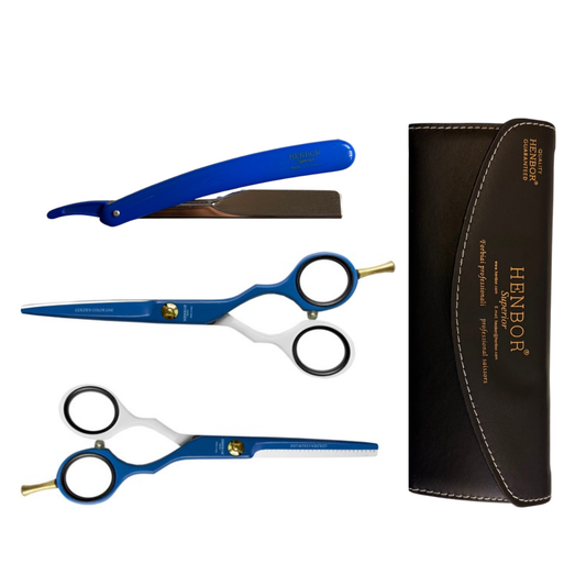Set Tijeras Henbor Corte y Pulir Azul Blanco con Porta Navaja Azul