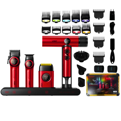 Combo Kit Vgr Professional Clipper Trimmer Shaver y Secador 4 en 1 Maleta Rojo