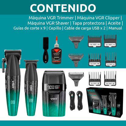 Barber Combo VGR640S3 Cortadora, Patillera y Afeitadora Verde