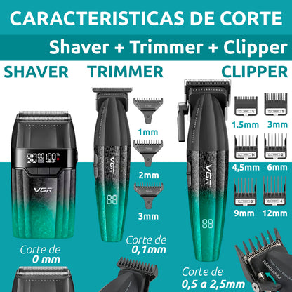 Barber Combo VGR640S3 Cortadora, Patillera y Afeitadora Verde