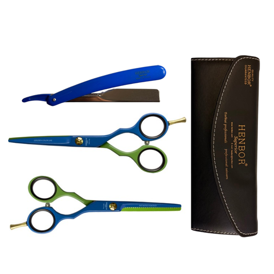 Set Tijeras Henbor Corte y Pulir Azul Verde con Porta Navaja