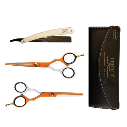 Set Tijeras Henbor Corte y Pulir Blanco Naranja con Porta Navaja Naranja