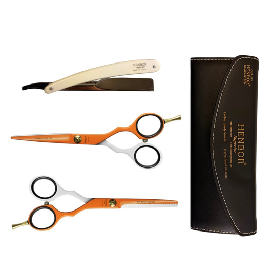 Set Tijeras Henbor Corte y Pulir Blanco Naranja con Porta Navaja Naranja