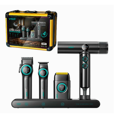 Combo Kit Vgr Professional Clipper Trimmer Shaver y Secador 4 en 1 Maleta Negro