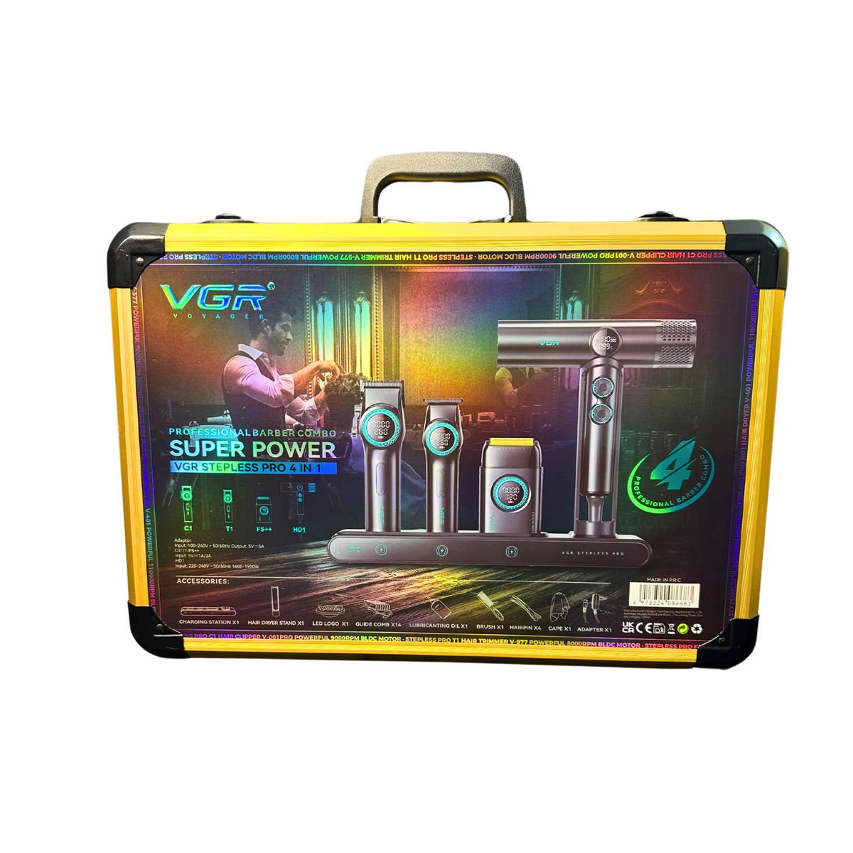 Combo Kit Vgr Professional Clipper Trimmer Shaver y Secador 4 en 1 Maleta Negro