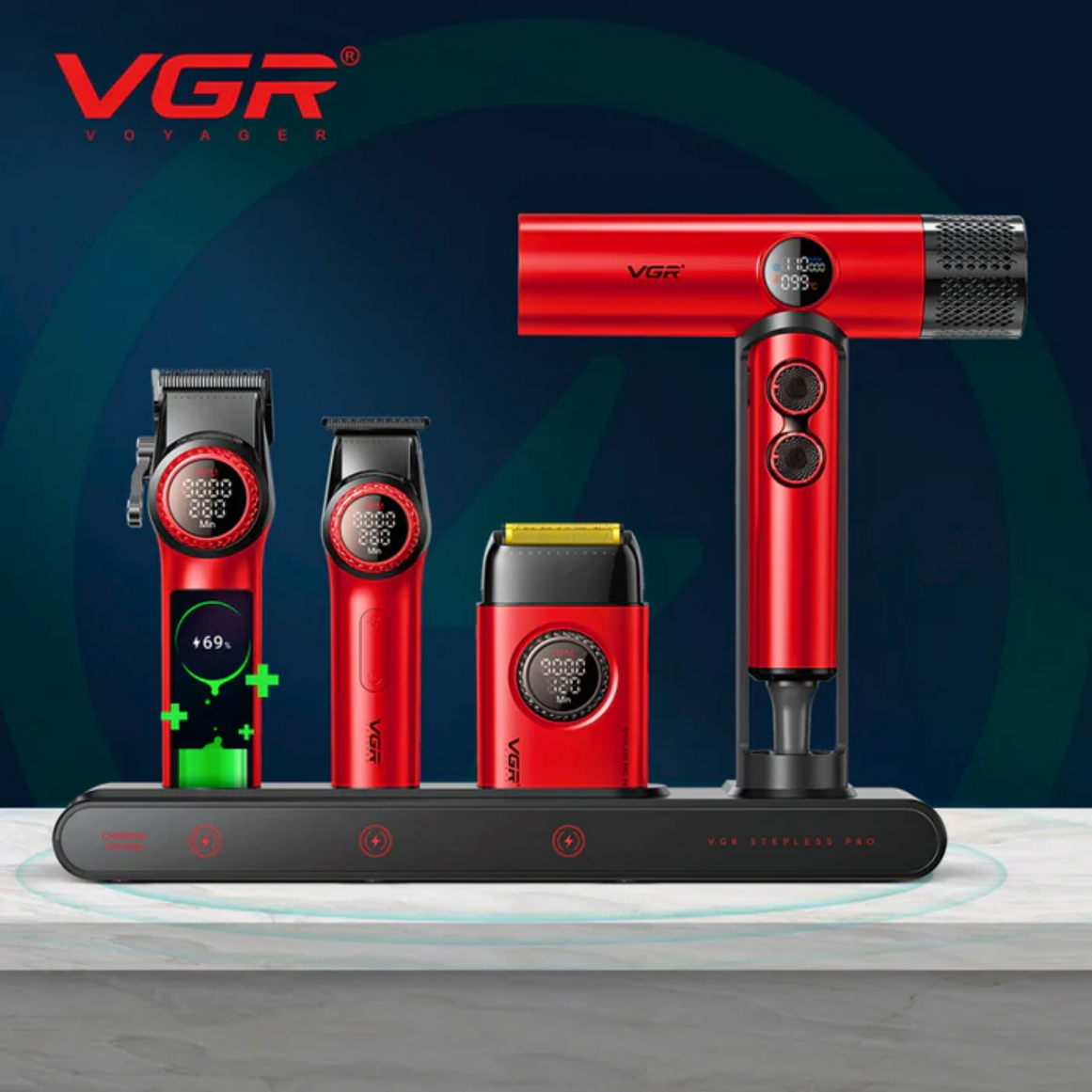 Combo Kit Vgr Professional Clipper Trimmer Shaver y Secador 4 en 1 Maleta Rojo