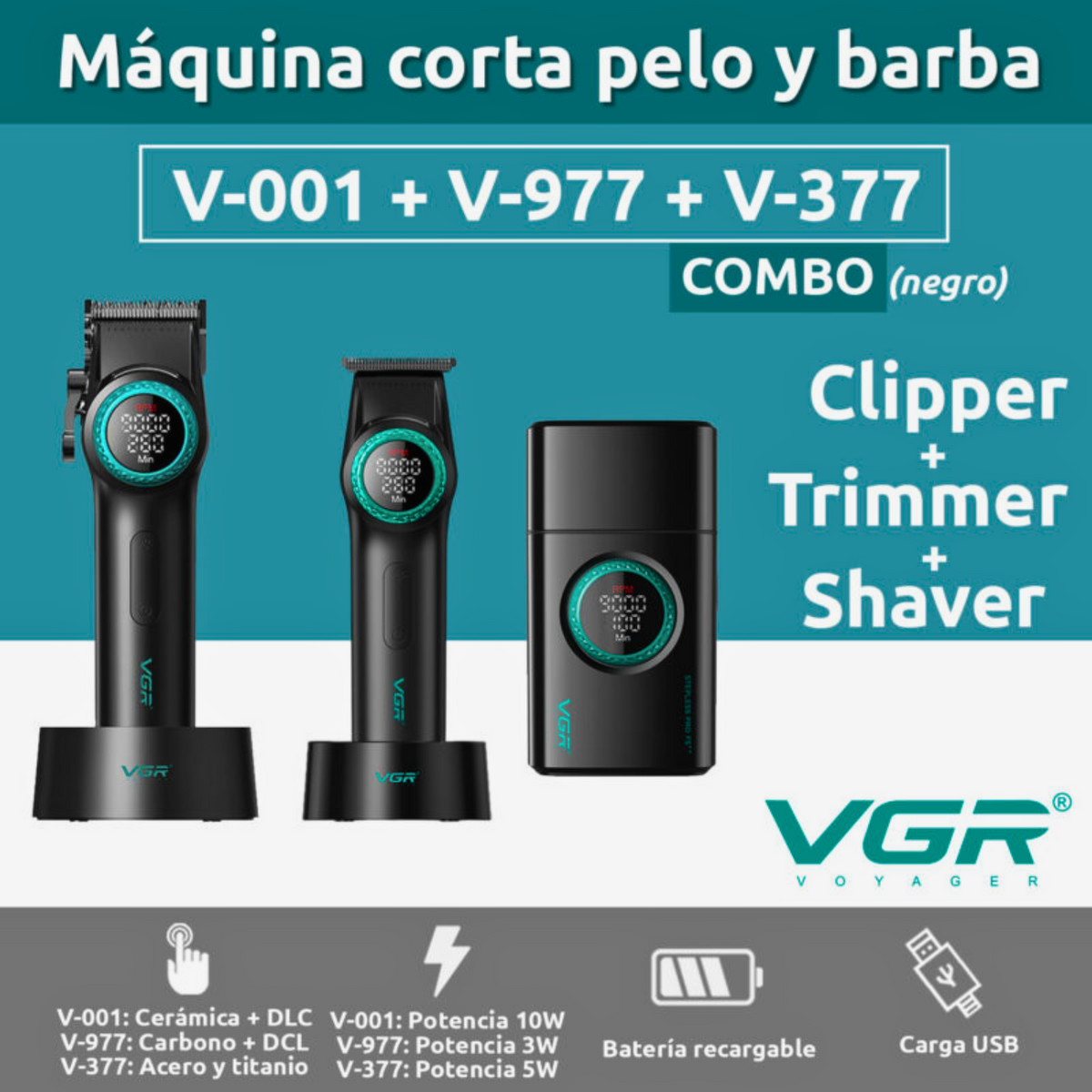 Combo Barber VGR Clipper V001 + Trimmer V977+ Shaver V377 Negro