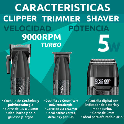Barber Combo VGR640S3 Cortadora, Patillera y Afeitadora Verde