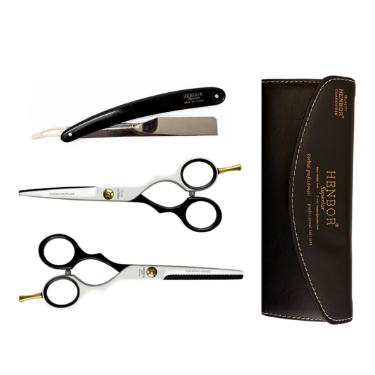 Set Tijeras Henbor Corte y Pulir Blanco Negro con Porta Navaja Negra
