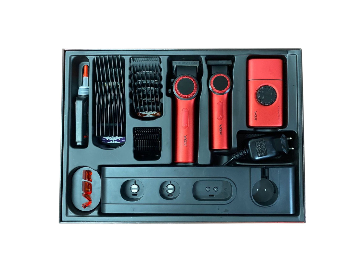 Barber Combo VGR Cortapelo, Patillera Y Afeitadora Rojo Stepless 3