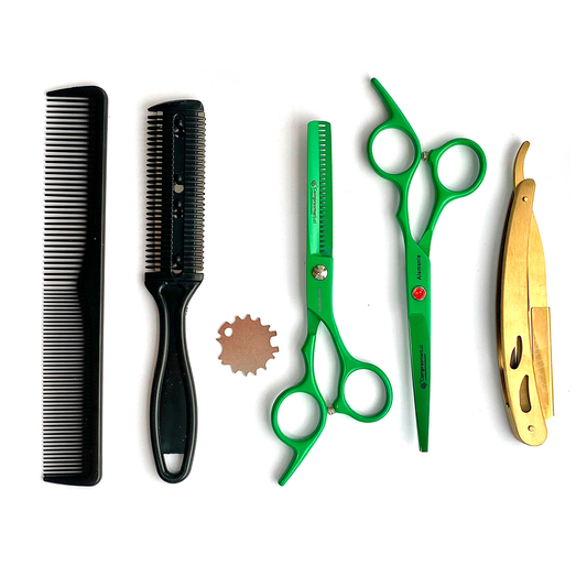 Set Tijera Profesional Peluquería Navaja Esculpidora 6'' VERDE