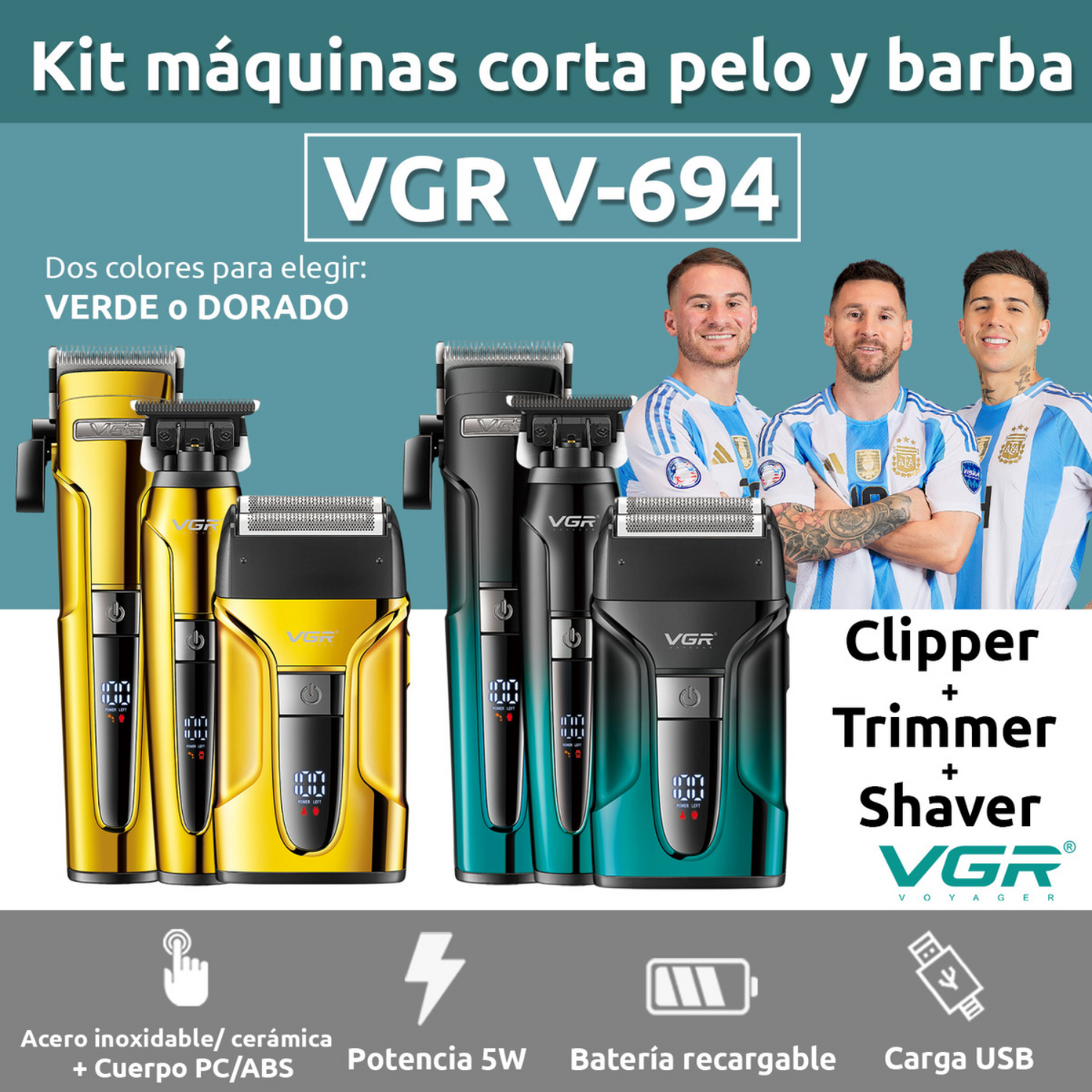 Combo Clipper Trimmer y Shaver Profesional VGR V-694 Dorado